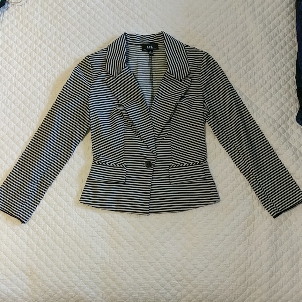 Navy and white striped blazer.